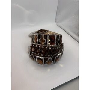 Vintage Nocona Western Leopard Haircalf Rhinestone Concho Belt Brown Silver